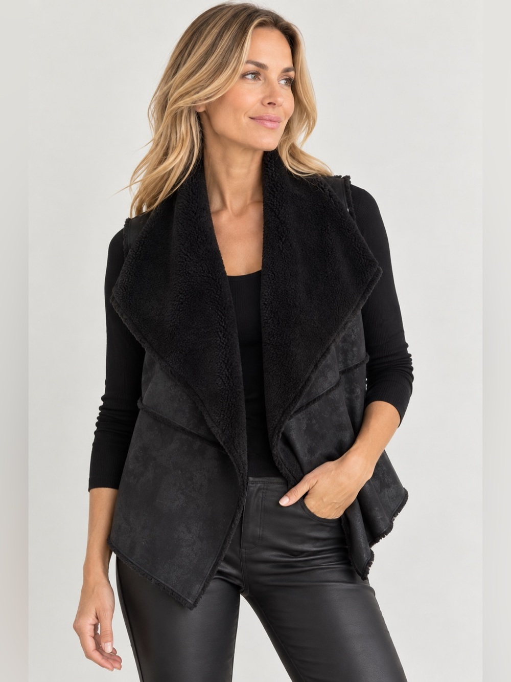 Neiman Marcus Faux Shearling Vest Black Drape Front Sleeveless Open Jacket in M